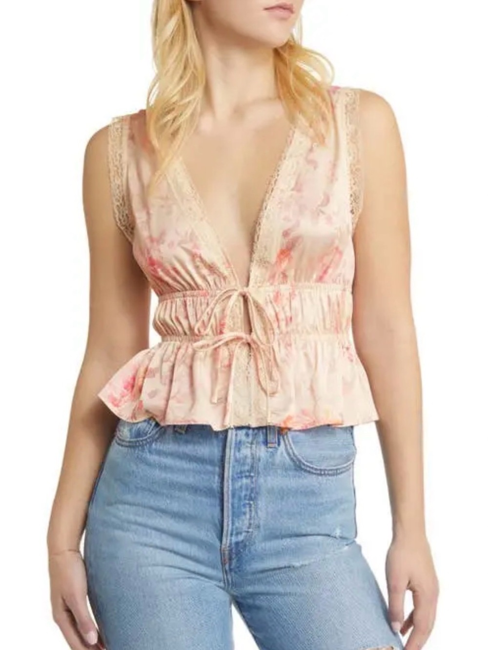 Wayf Pink Floral Lace-Trim Tie-Front Peplum Top